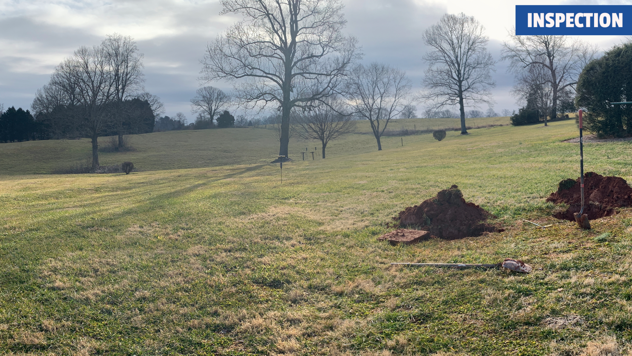 TW Ammons Septic - The view of a backyard during a septic inspection. The septic tank outlet and inlet are uncovered.